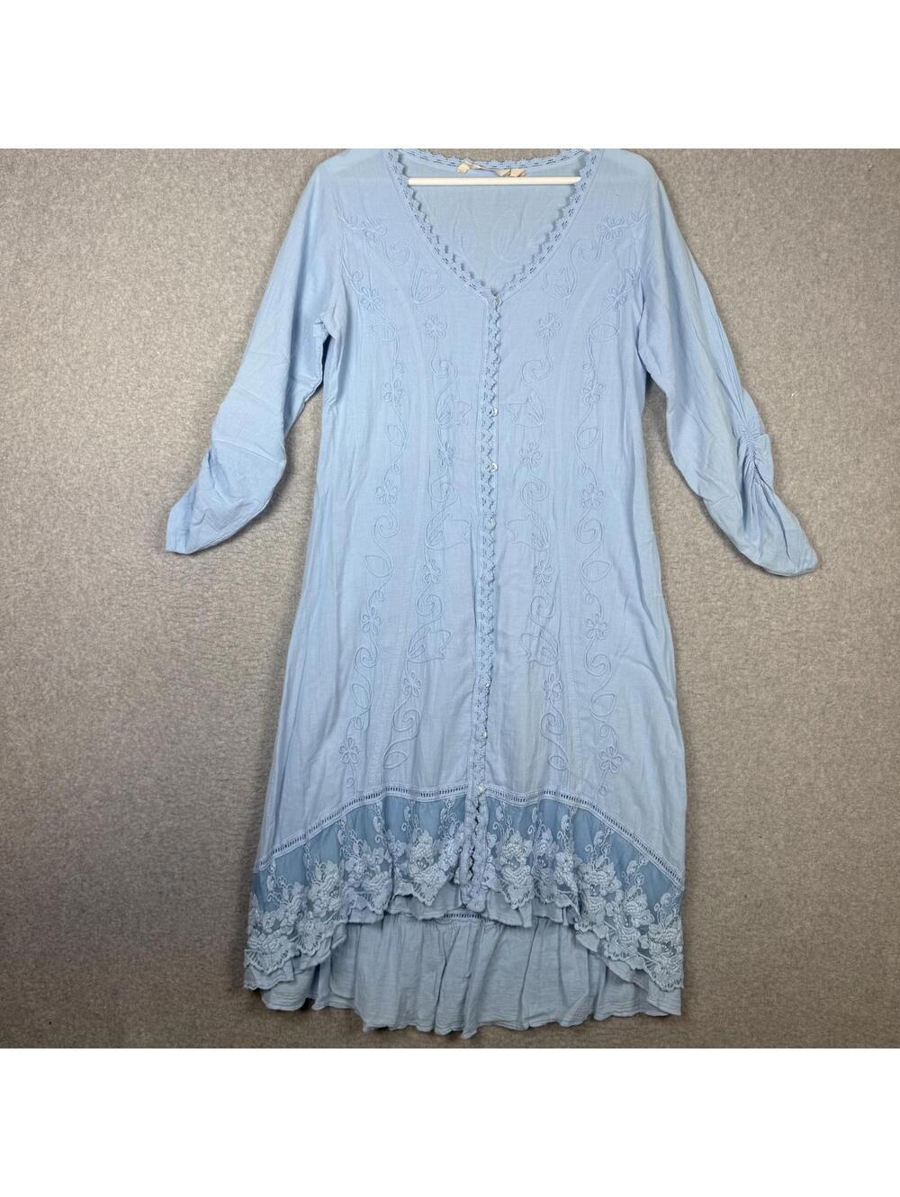 Soft Surroundings Women's Size XS Blue Lace Trim Short Sleeve A Line Dress